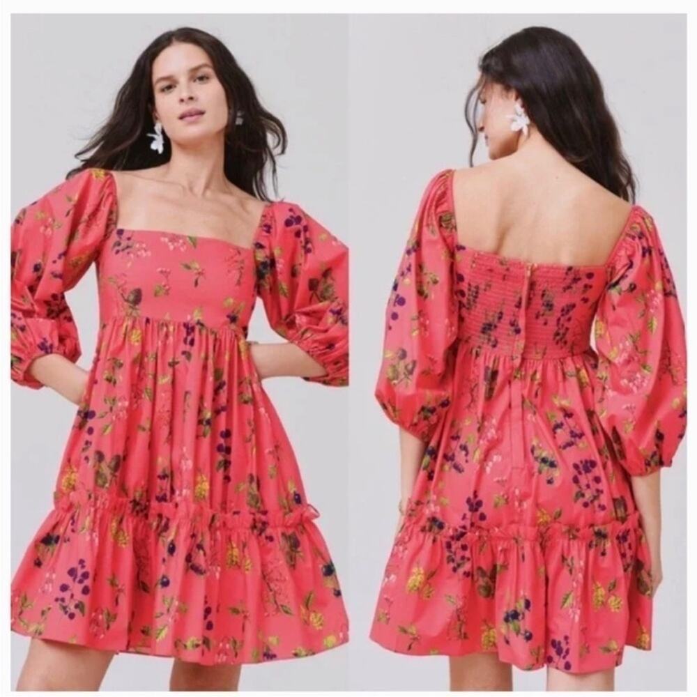 Cara Cara Sip Sip Coral Floral Puff Sleeve Mini Dress Babydoll Sz XS